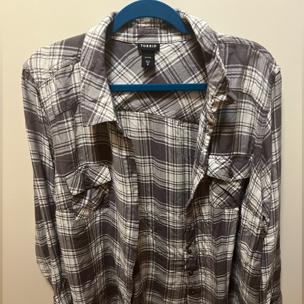 Torrid Charcoal and White Plaid Shirt